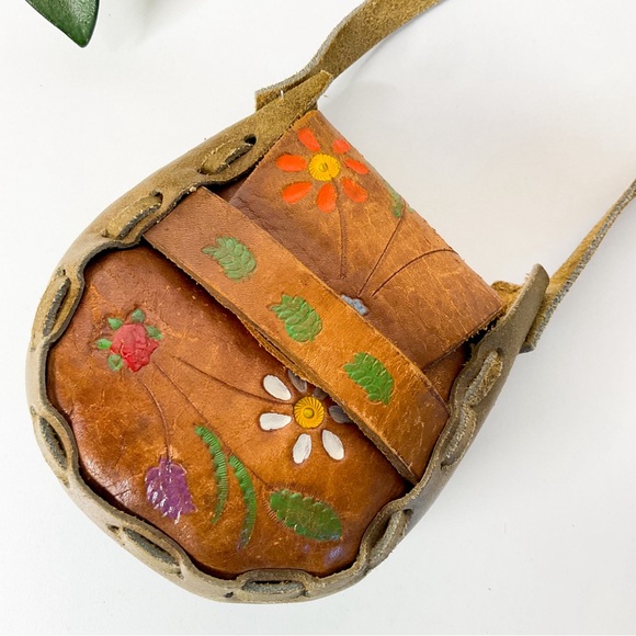 Vintage Handbags - Vintage Boho Leather Artisan Hand Painted Floral Mini Pouch Bag 70s